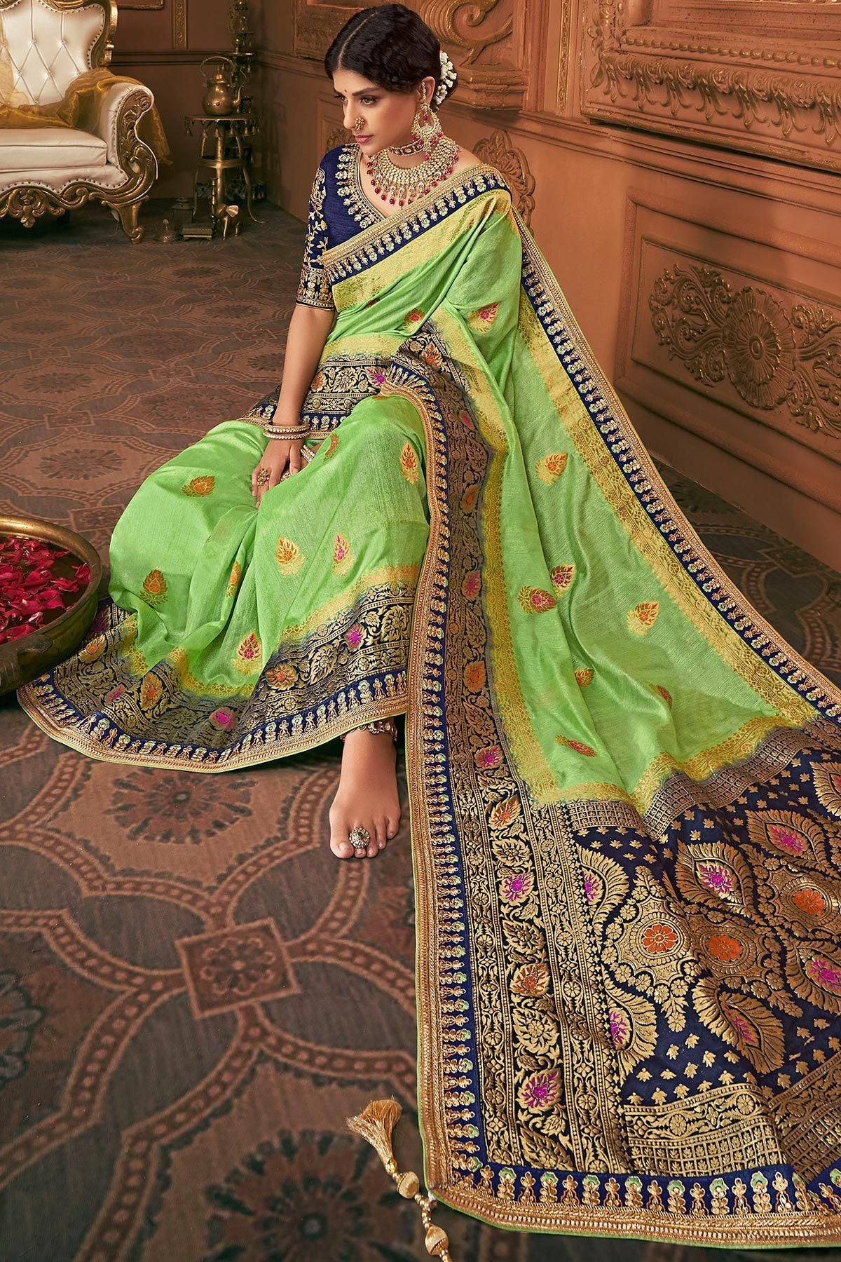 Green and Blue Party Wear Designer Silk Saree