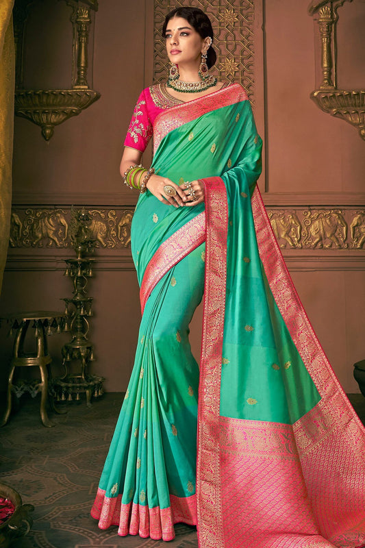 Green and Pink Party Wear Designer Silk Saree