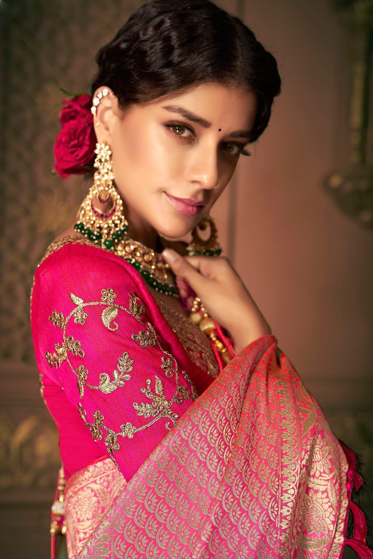 Green and Pink Party Wear Designer Silk Saree