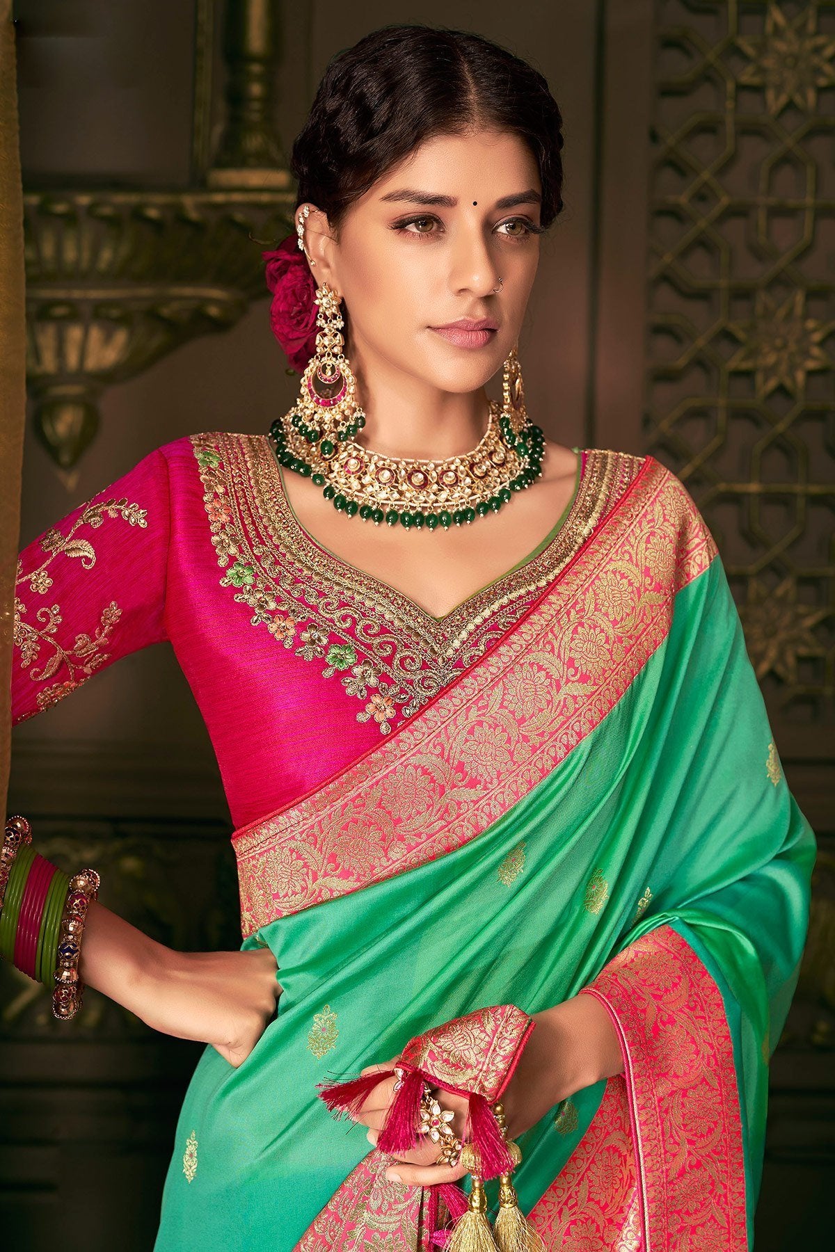 Green and Pink Party Wear Designer Silk Saree