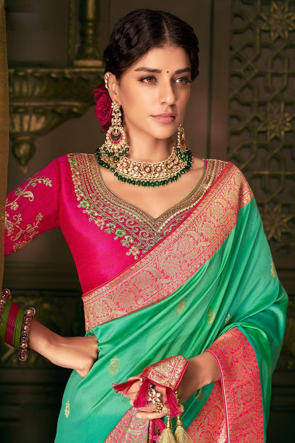 Green and Pink Party Wear Designer Silk Saree