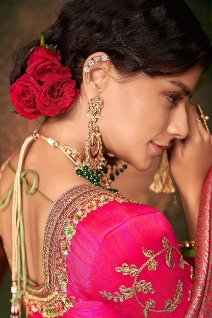 Green and Pink Party Wear Designer Silk Saree