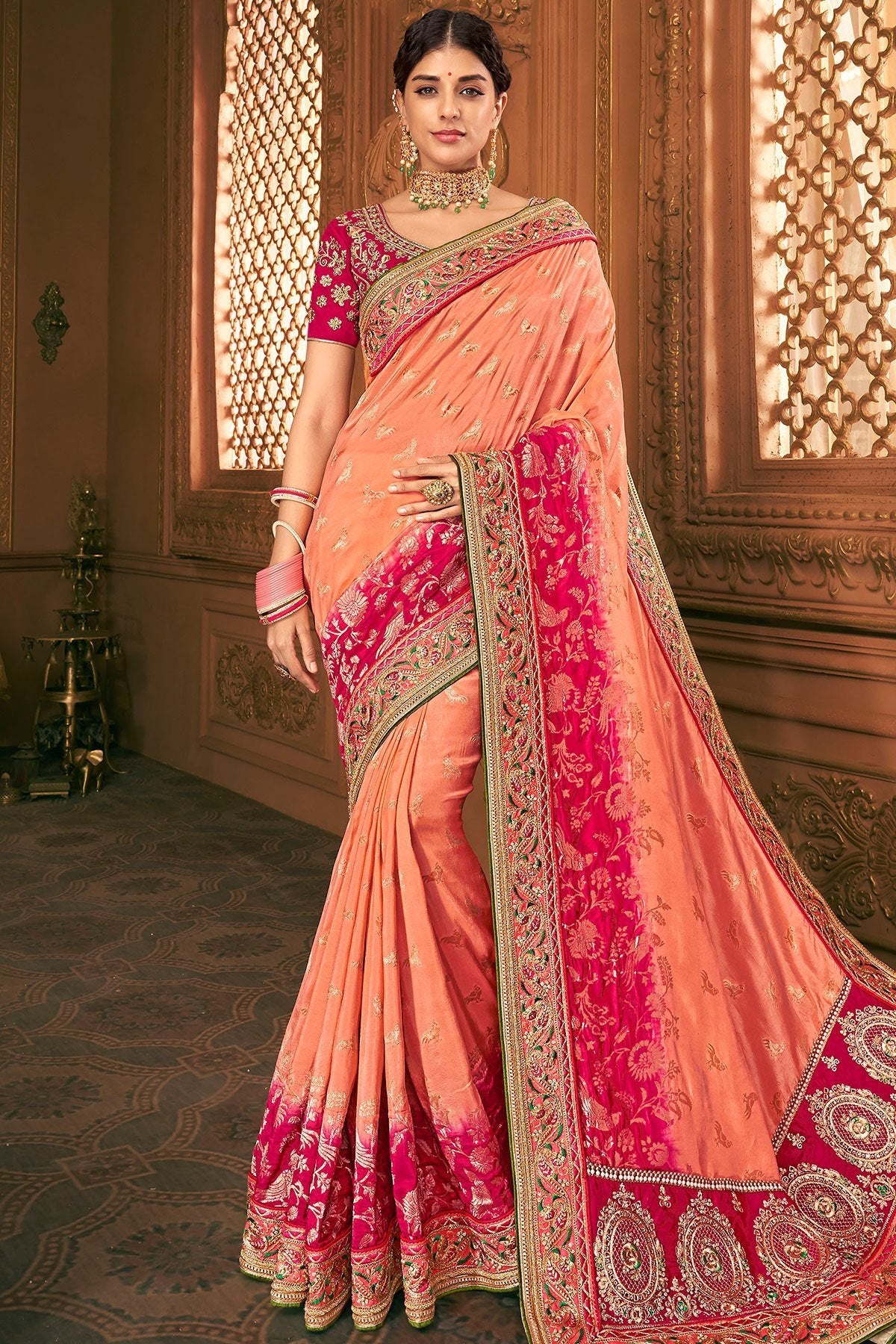 Salmon and Red Party Wear Designer Silk Saree