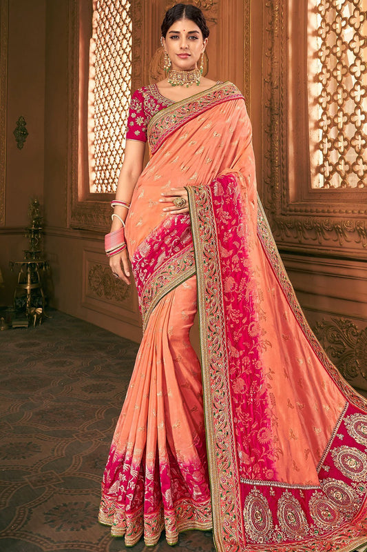 Salmon and Red Party Wear Designer Silk Saree