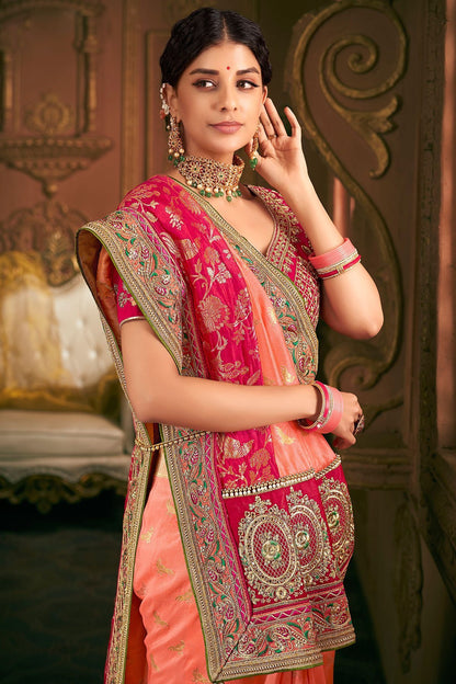 Salmon and Red Party Wear Designer Silk Saree