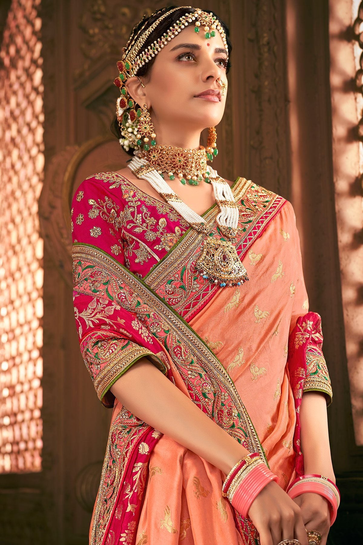 Salmon and Red Party Wear Designer Silk Saree