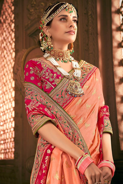 Salmon and Red Party Wear Designer Silk Saree