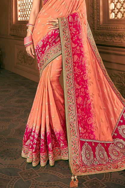 Salmon and Red Party Wear Designer Silk Saree