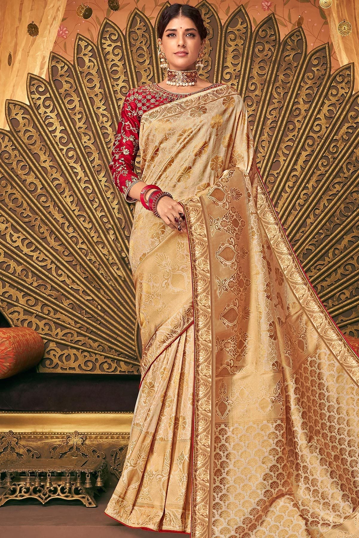 Gold and Red Party Wear Designer Silk Saree