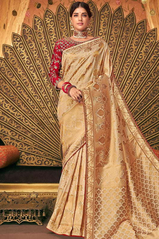 Gold and Red Party Wear Designer Silk Saree