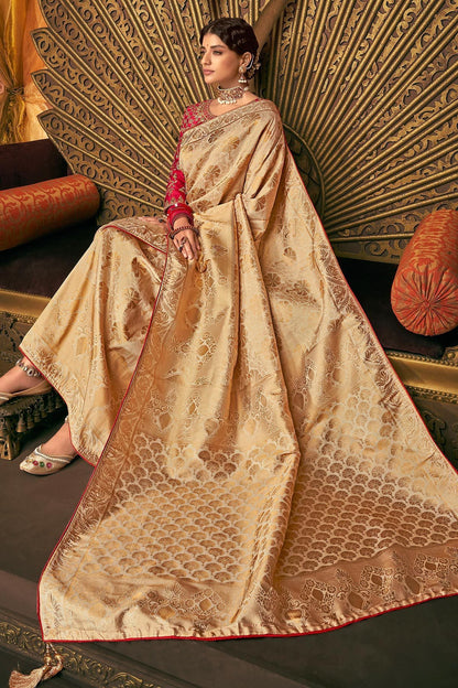 Gold and Red Party Wear Designer Silk Saree