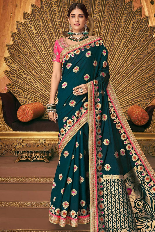 Prussian blue and Pink Party Wear Designer Silk Saree