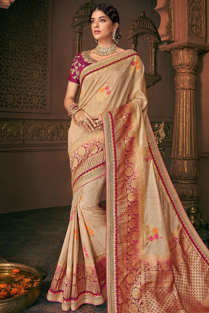 Peach and Voilet Party Wear Designer Silk Saree