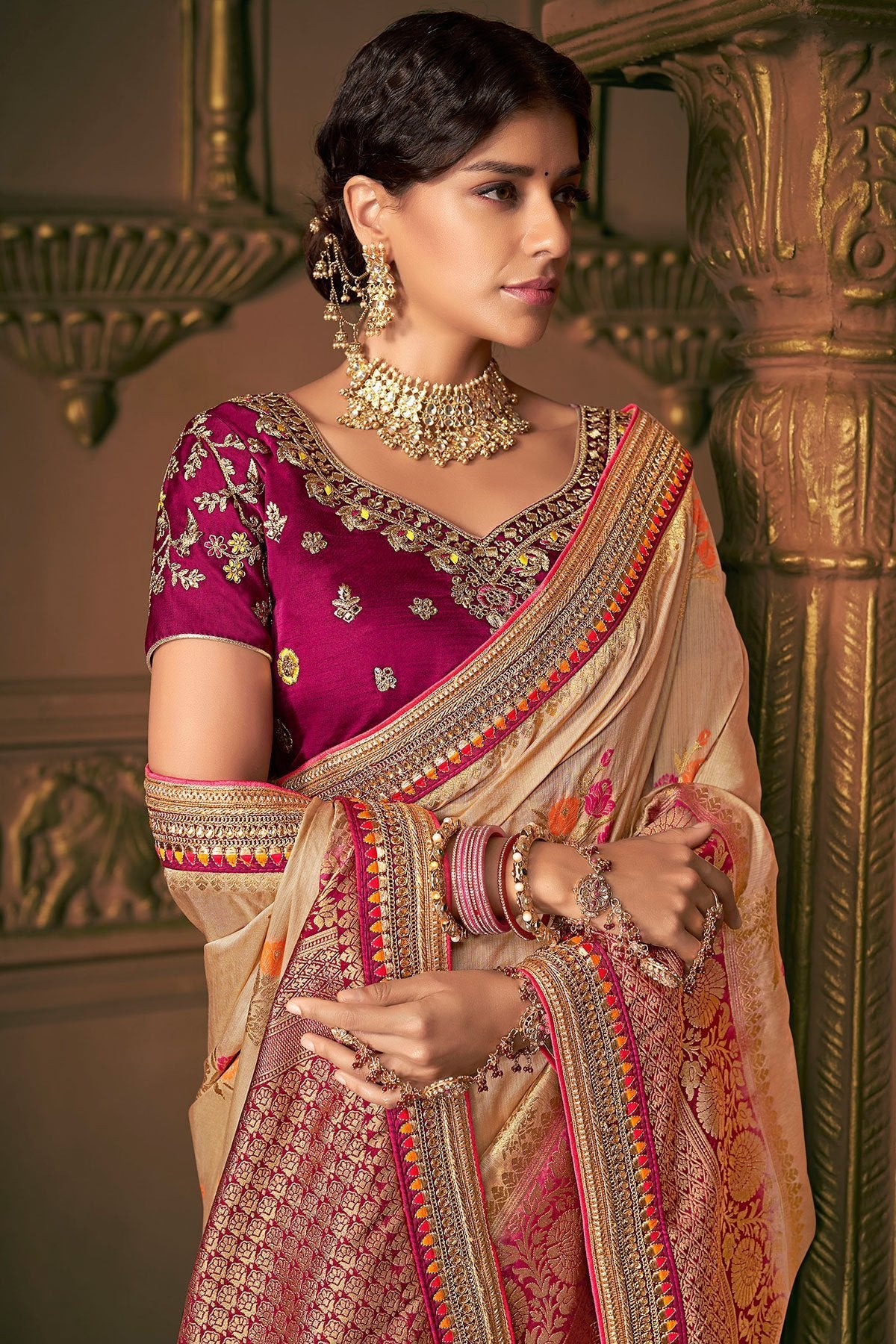 Peach and Voilet Party Wear Designer Silk Saree