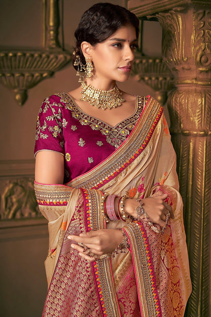 Peach and Voilet Party Wear Designer Silk Saree