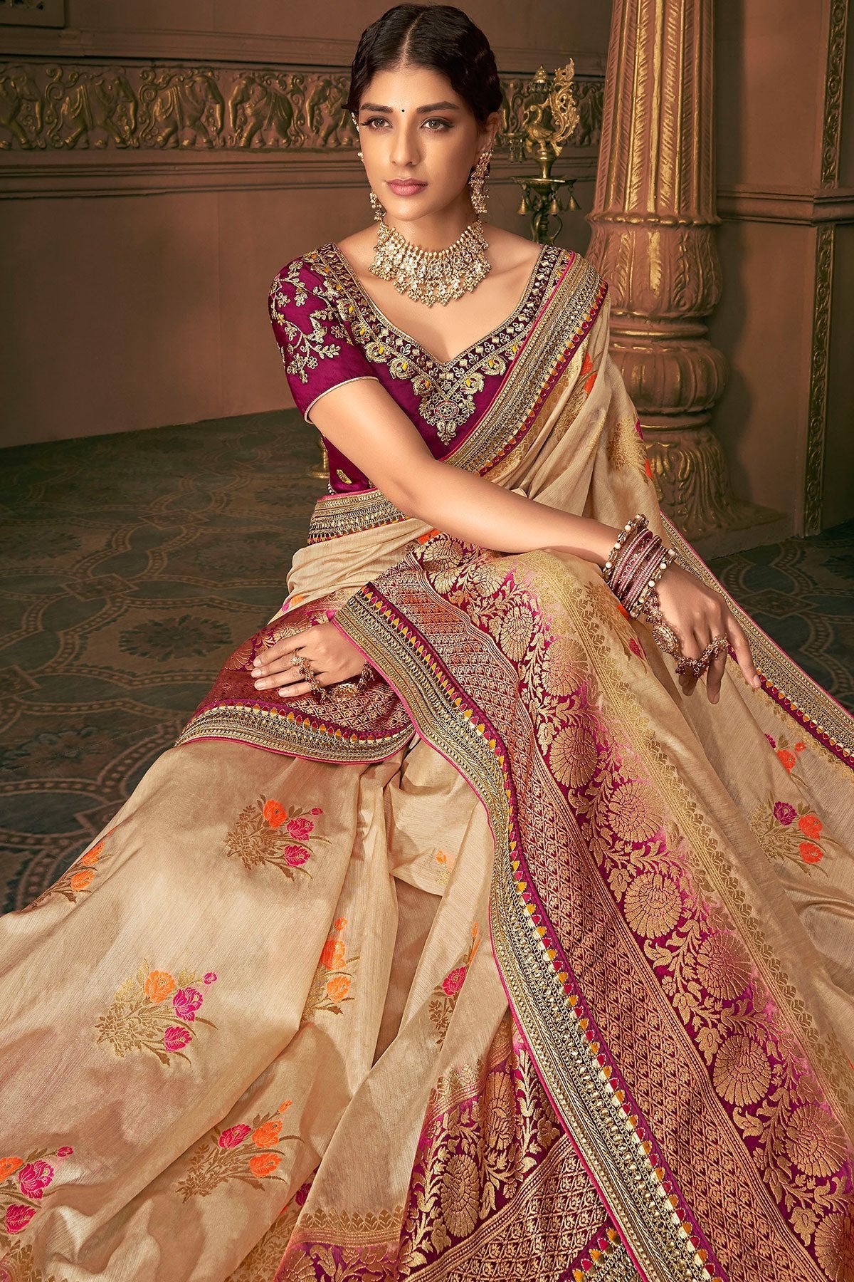 Peach and Voilet Party Wear Designer Silk Saree