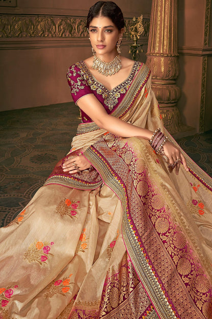 Peach and Voilet Party Wear Designer Silk Saree
