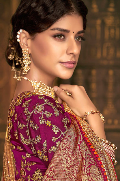 Peach and Voilet Party Wear Designer Silk Saree