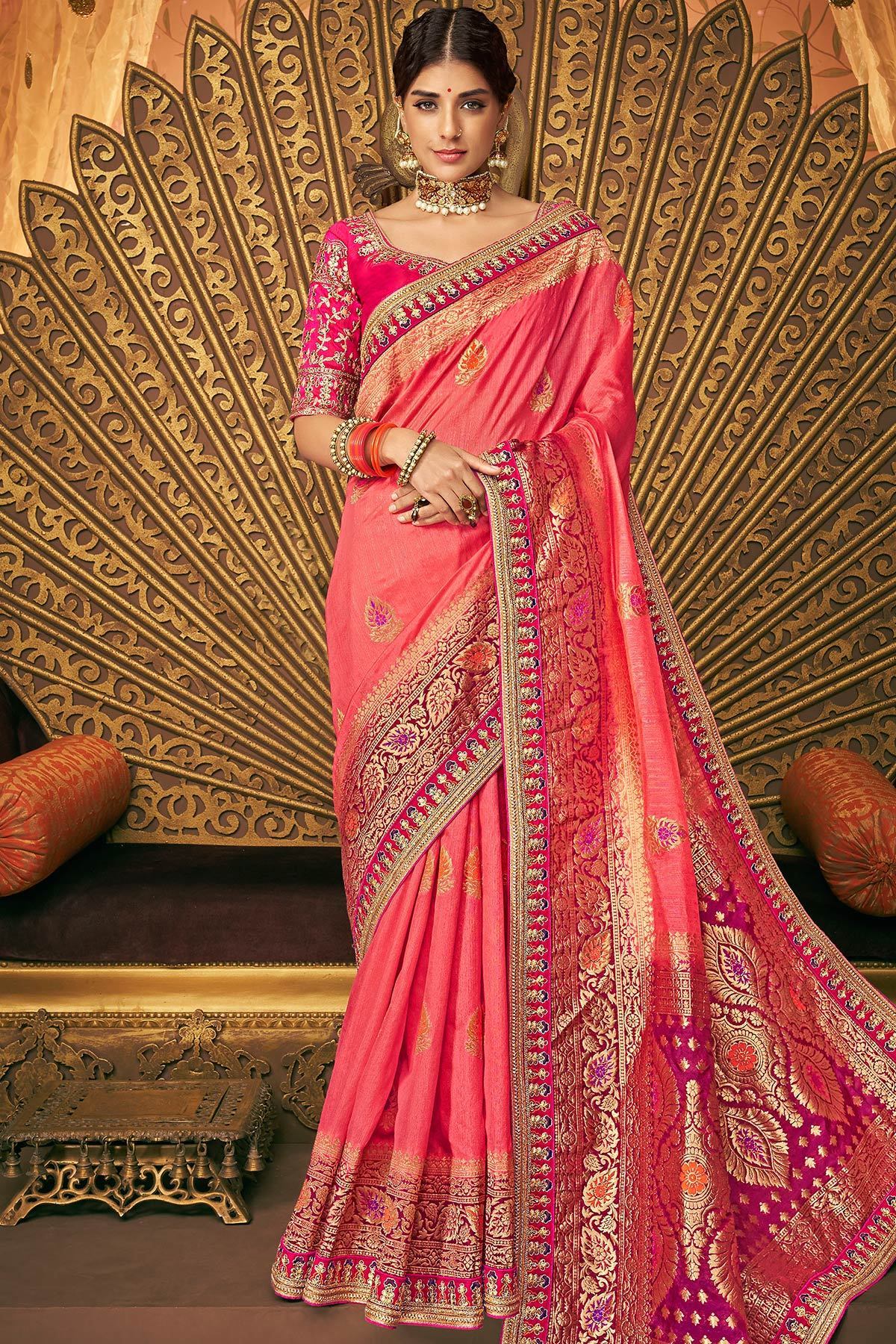 Pink and Violet Party Wear Designer Silk Saree