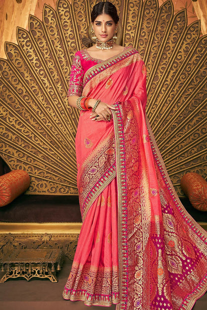 Pink and Violet Party Wear Designer Silk Saree