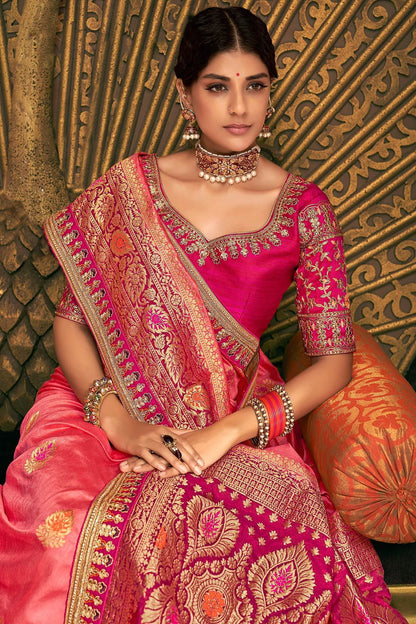 Pink and Violet Party Wear Designer Silk Saree