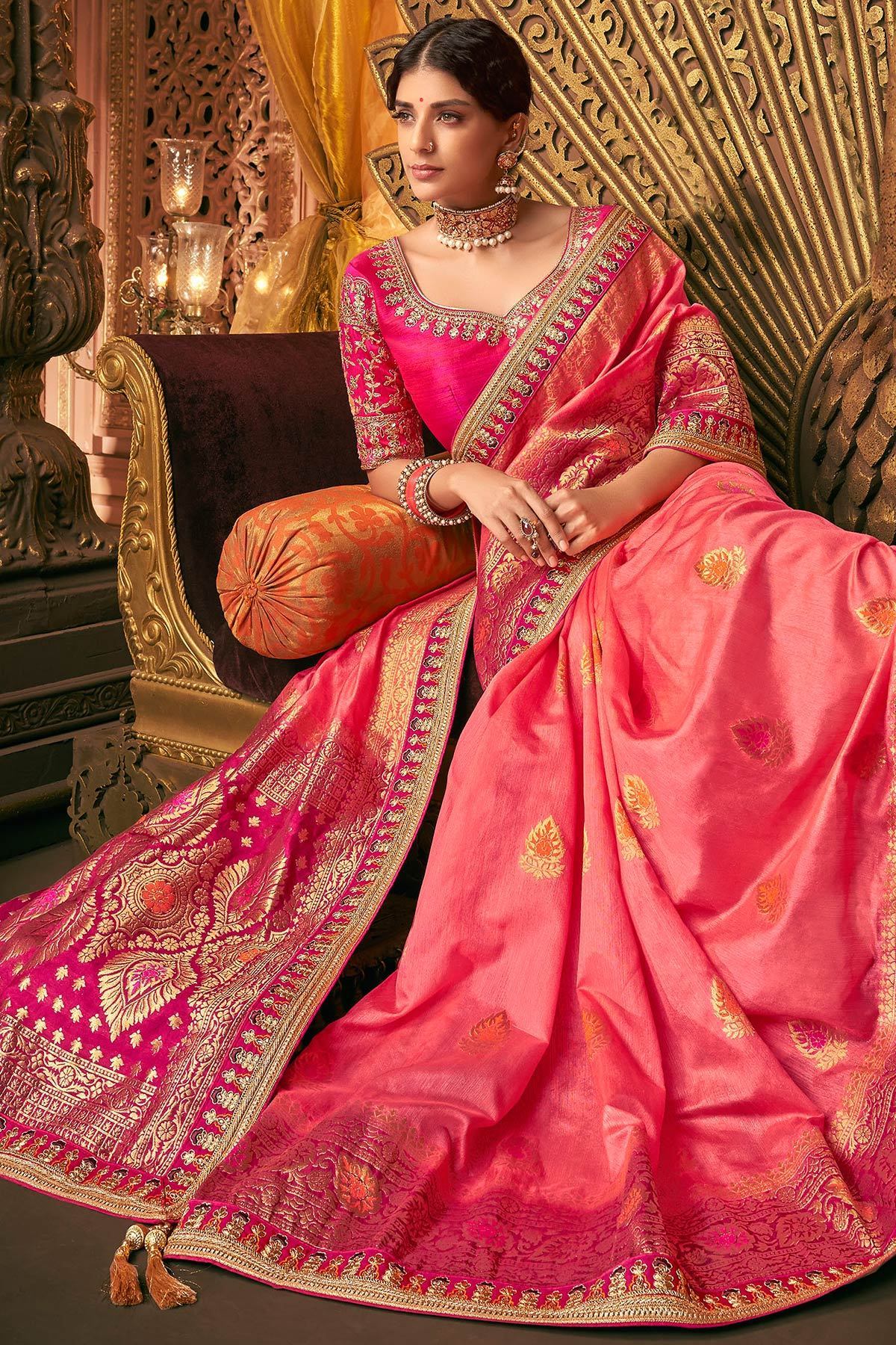 Pink and Violet Party Wear Designer Silk Saree