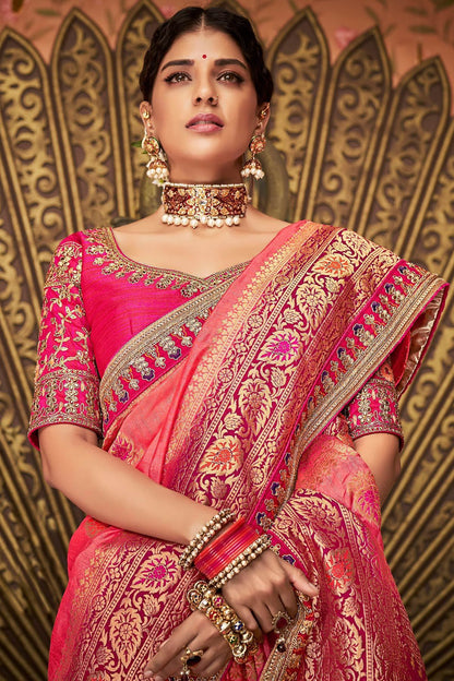 Pink and Violet Party Wear Designer Silk Saree