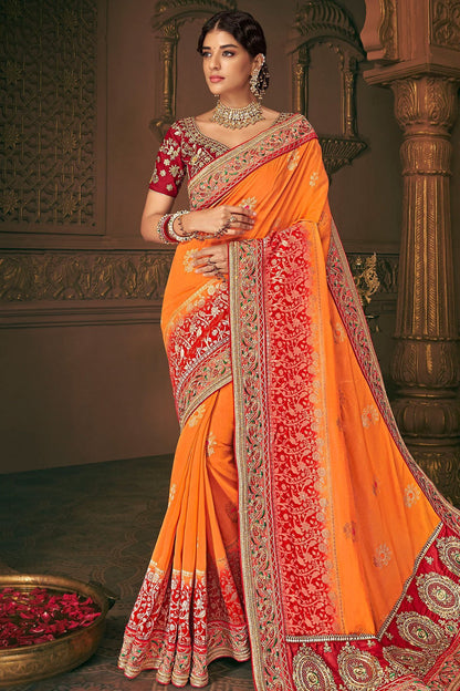 Orange and Burgundy Party Wear Designer Silk Saree