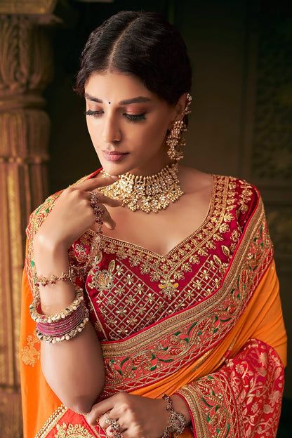 Orange and Burgundy Party Wear Designer Silk Saree