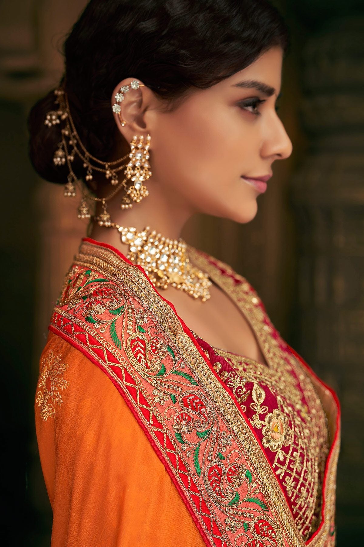 Orange and Burgundy Party Wear Designer Silk Saree