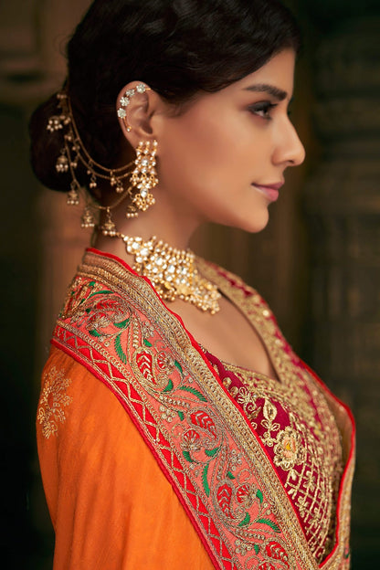 Orange and Burgundy Party Wear Designer Silk Saree