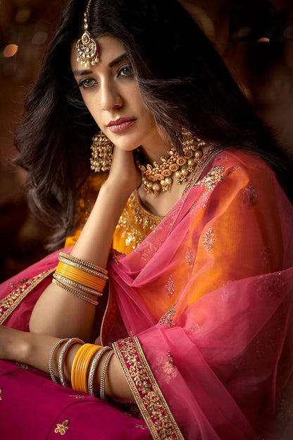 Yellow and Pink designer party wear Lehenga Set