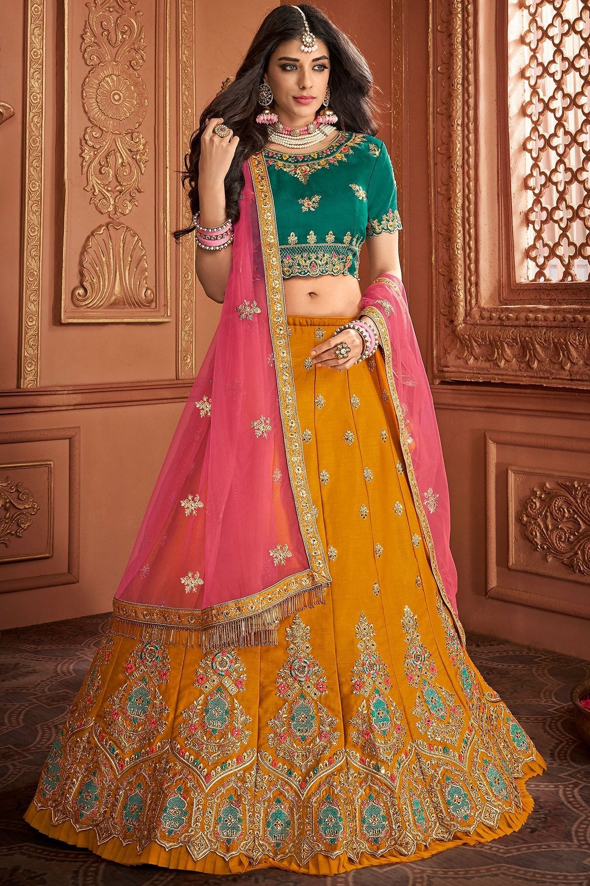 Yellow and Green designer party wear Lehenga set