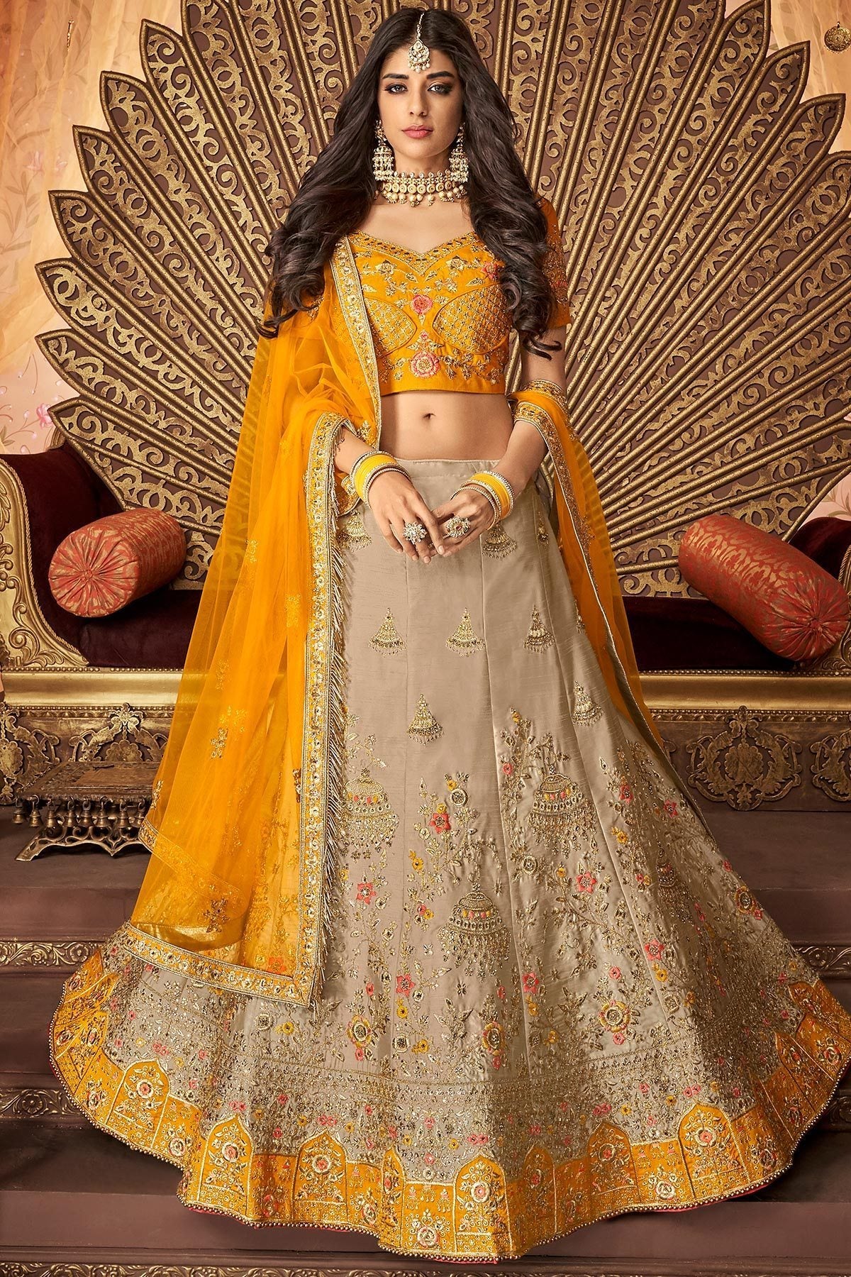 Yellow and Brown Silk designer party wear Lehenga set