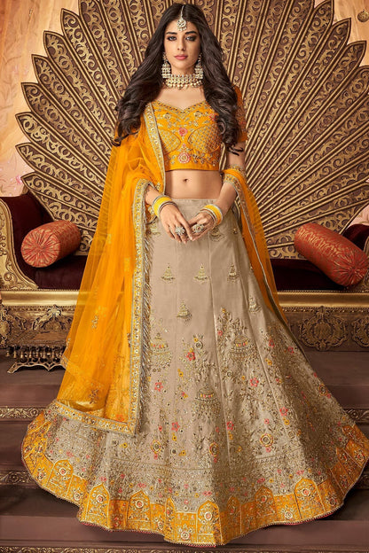 Yellow and Brown Silk designer party wear Lehenga set