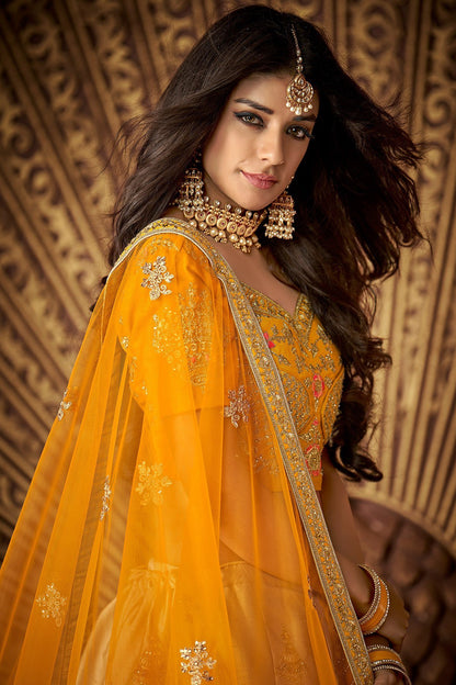Yellow and Brown Silk designer party wear Lehenga set