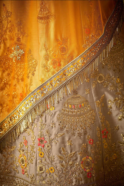 Yellow and Brown Silk designer party wear Lehenga set