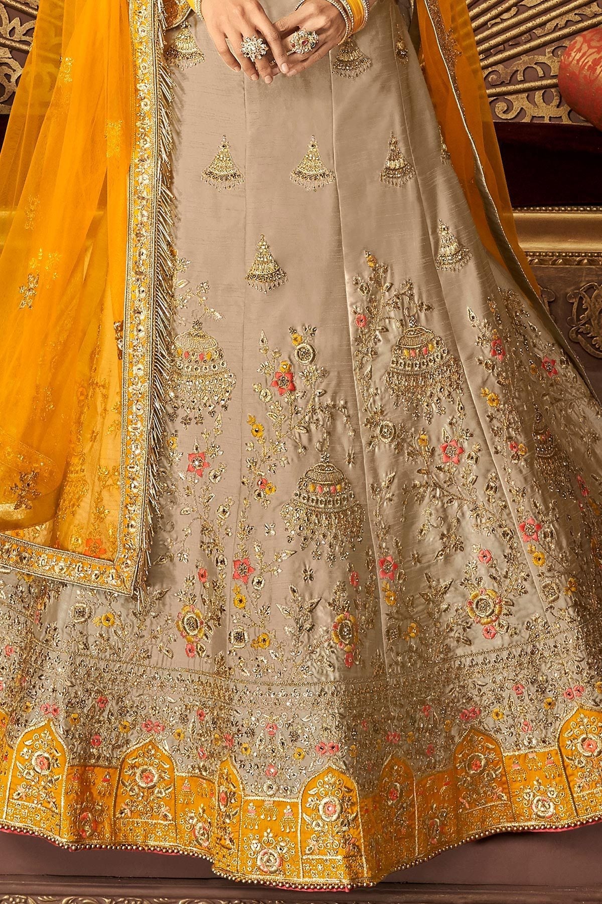 Yellow and Brown Silk designer party wear Lehenga set