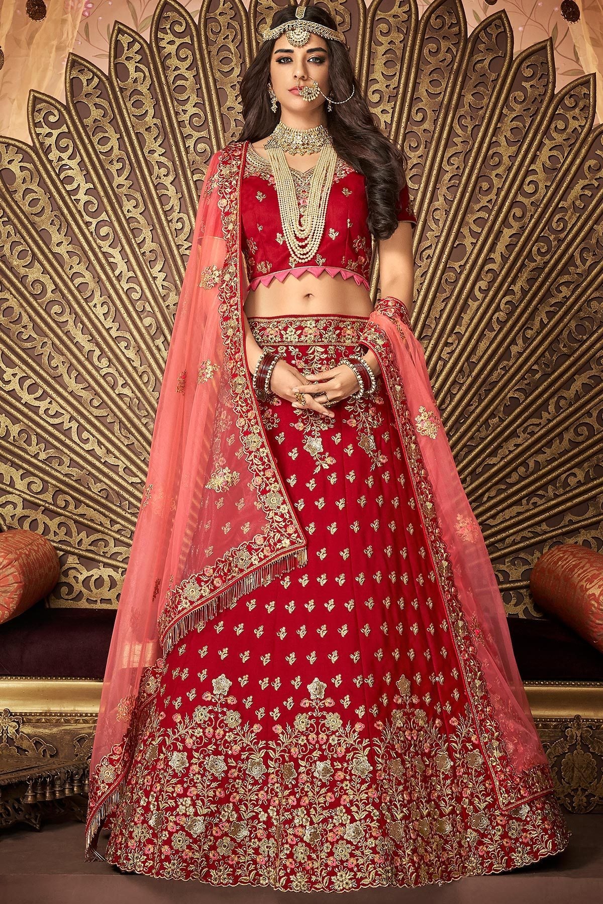 Red and Pink designer party wear Lehenga set