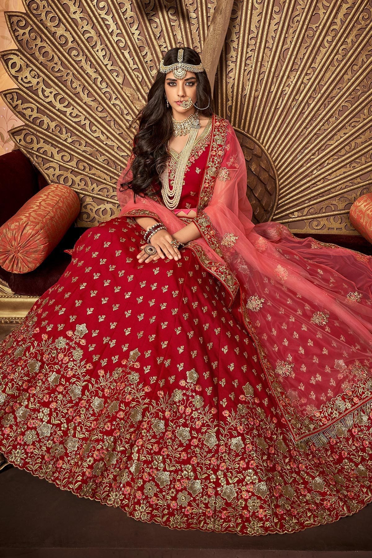 Red and Pink designer party wear Lehenga set
