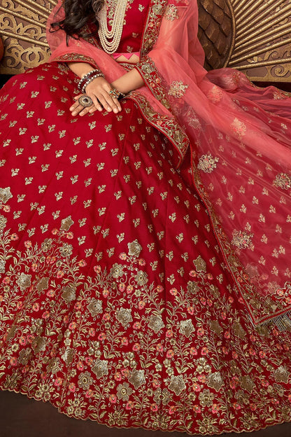 Red and Pink designer party wear Lehenga set