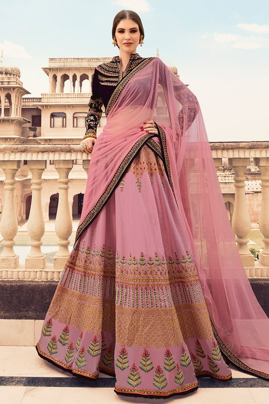 Flamingo Pink and Wine Party Wear Lehenga Choli