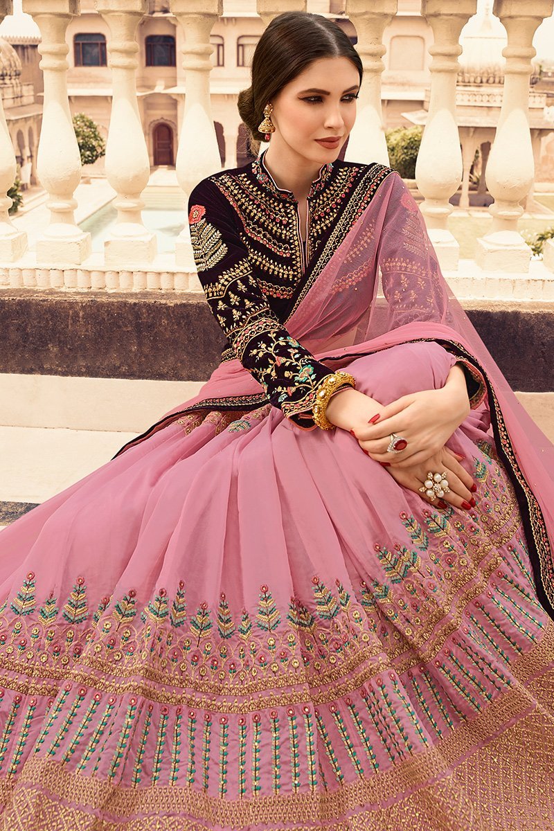 Flamingo Pink and Wine Party Wear Lehenga Choli