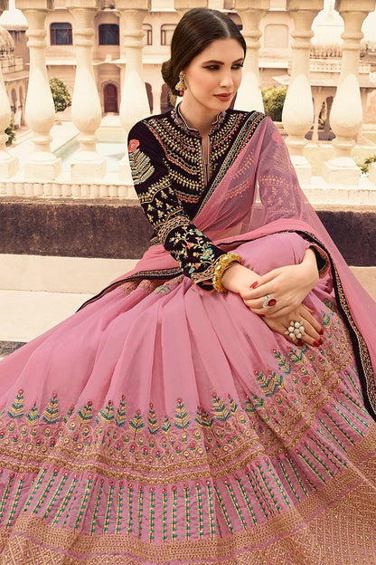 Flamingo Pink and Wine Party Wear Lehenga Choli