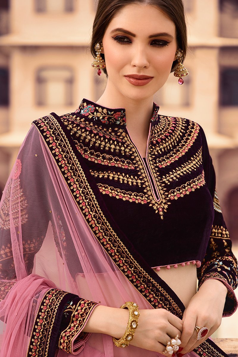 Flamingo Pink and Wine Party Wear Lehenga Choli