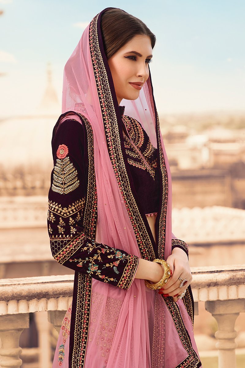 Flamingo Pink and Wine Party Wear Lehenga Choli