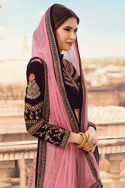 Flamingo Pink and Wine Party Wear Lehenga Choli