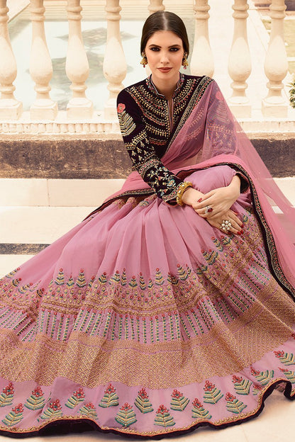 Flamingo Pink and Wine Party Wear Lehenga Choli