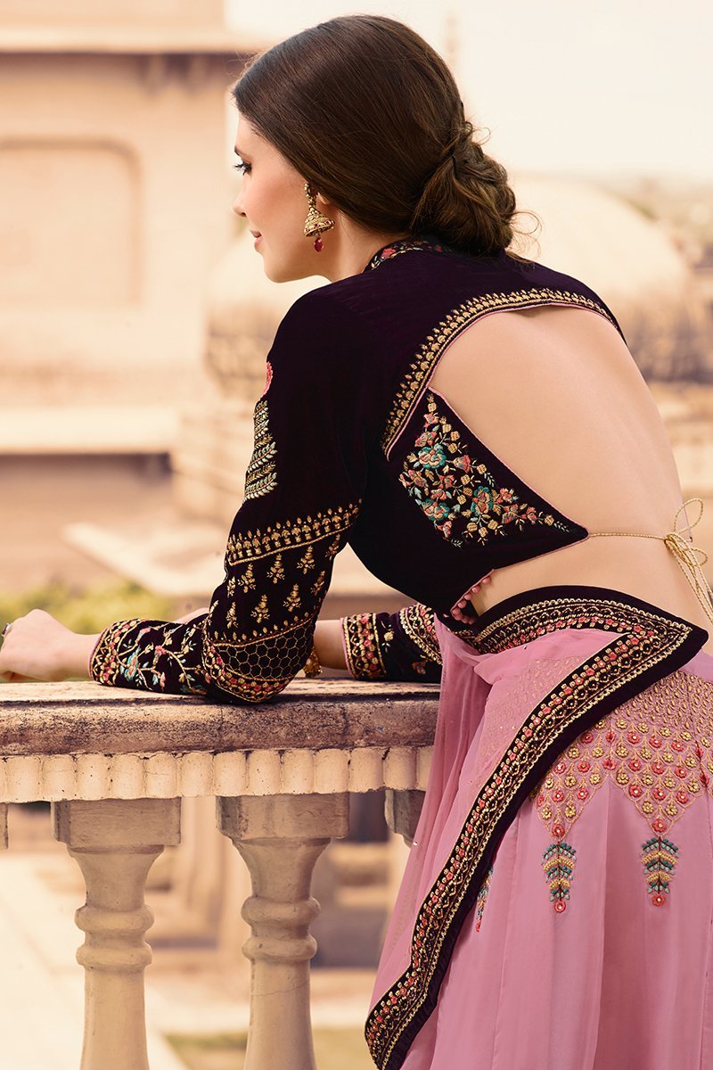 Flamingo Pink and Wine Party Wear Lehenga Choli