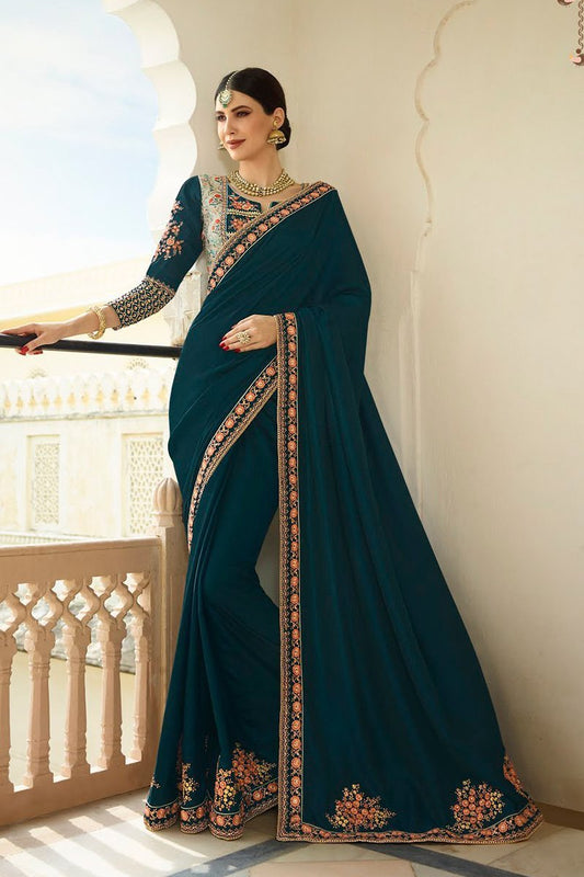 Peacock Embroidered Designer heavy Silk Saree